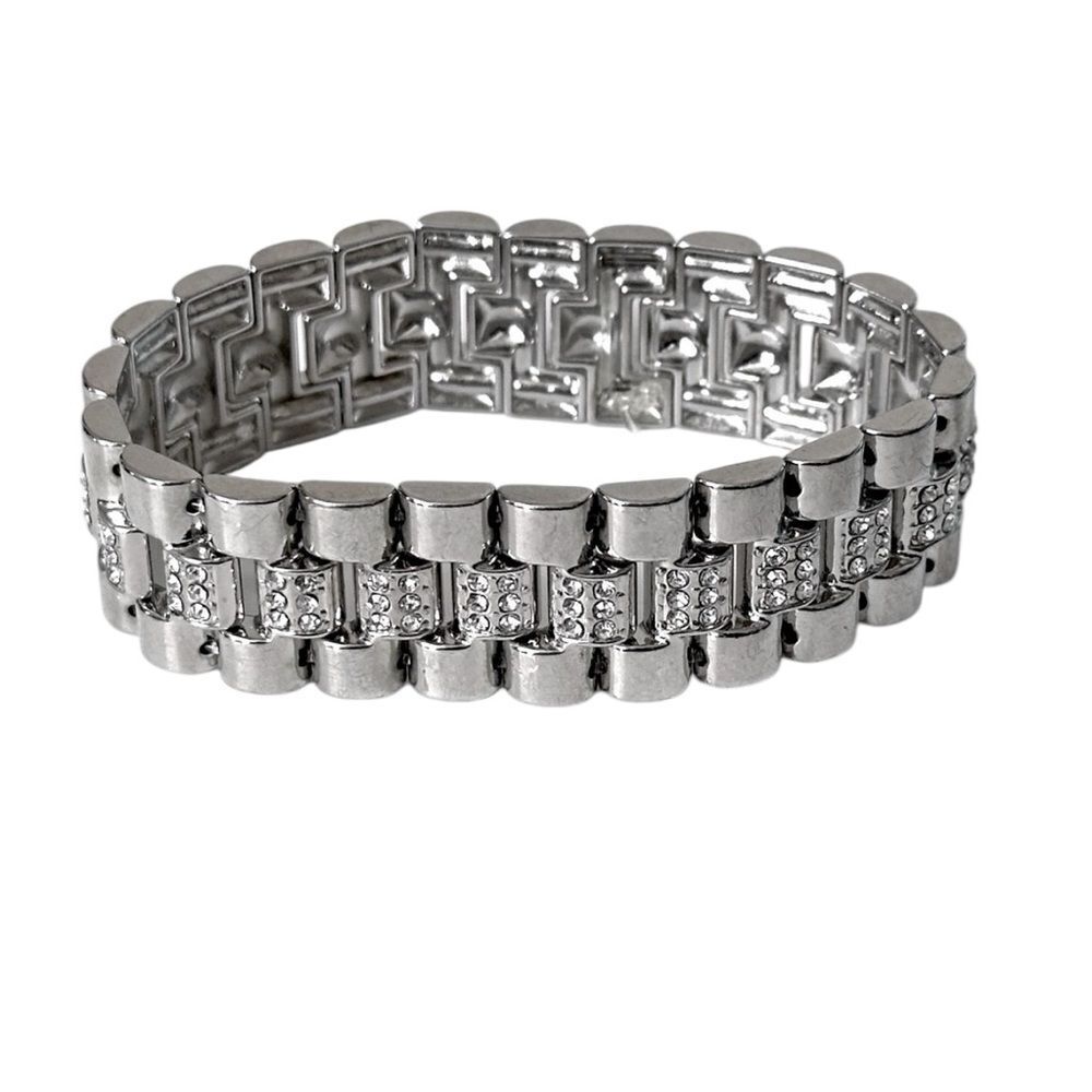 Silver-tone band stretch bracelet with CZ accents.  8.5” circumference